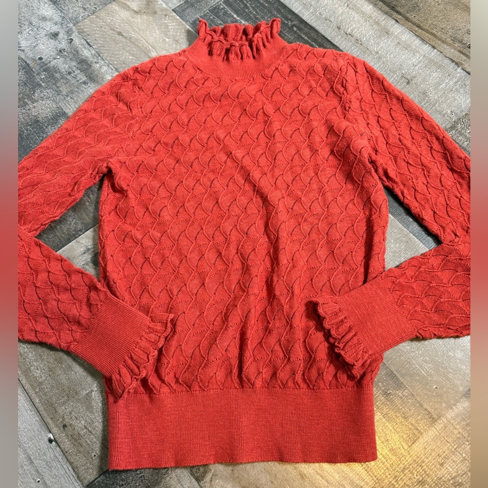 Sundance Ruffle Mock Neck Sweater‎ XS Red Boho Cottagecore Knit